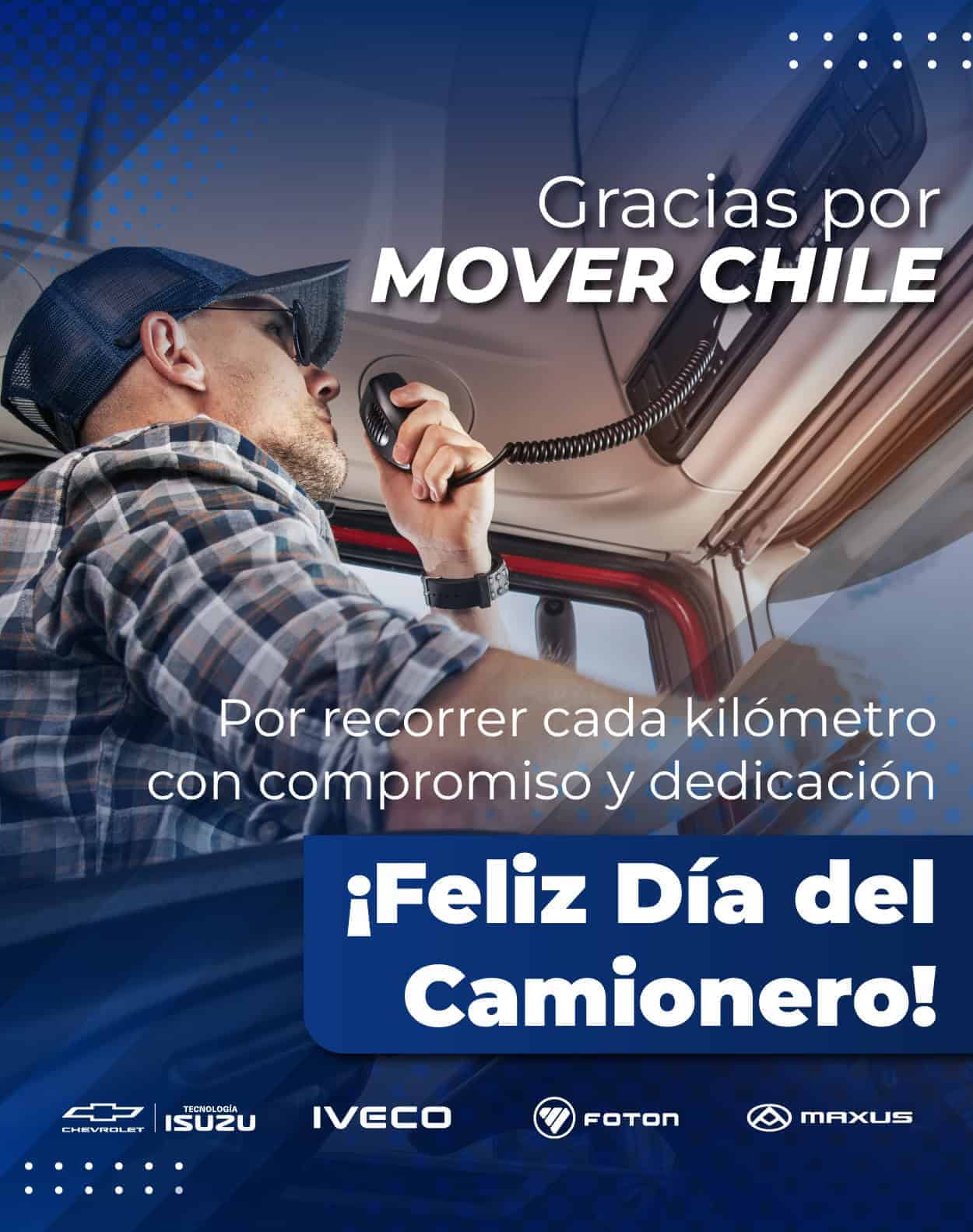 Camionero en cabina de camión con logotipos de marcas de vehículos.