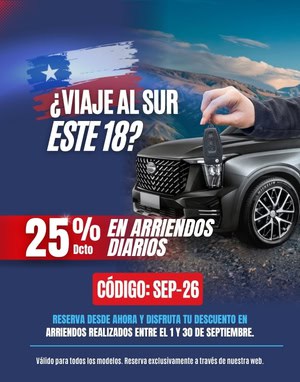Oferta de arriendo de vehículos en el sur de Chile con 25% de descuento.