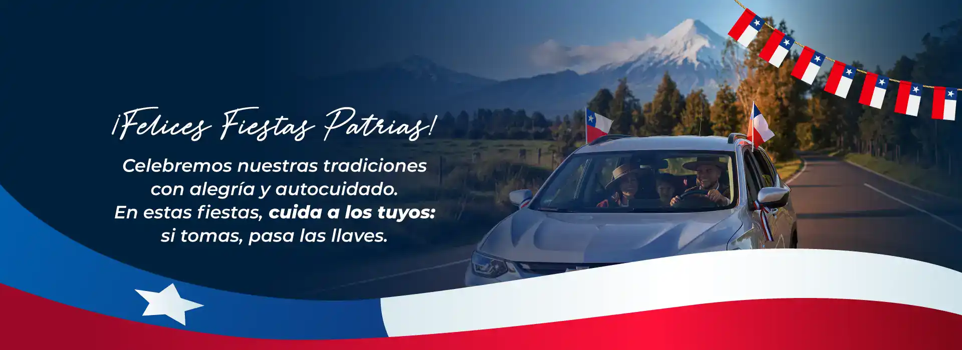Coche decorado con banderas patrias en un paisaje montañoso.