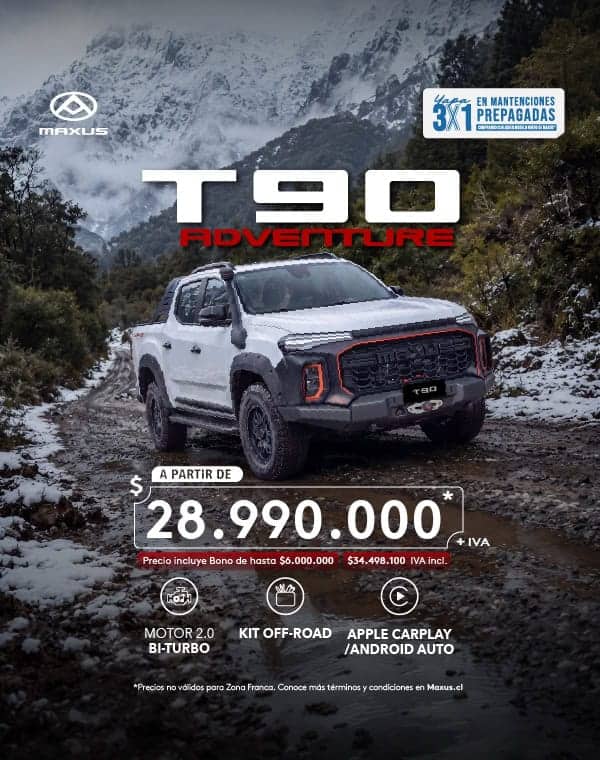 Camioneta Maxus T90 Adventure en ruta de montaña con nieve y árboles.