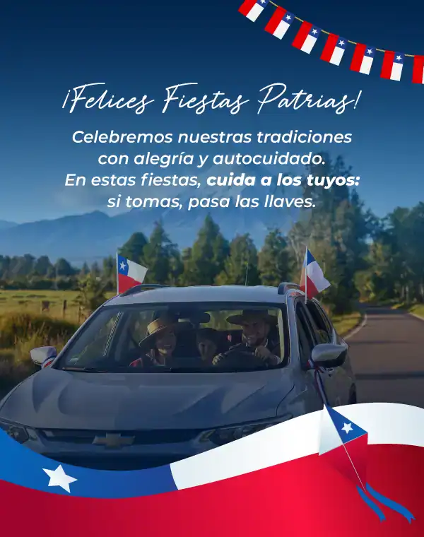 Vehículo decorado con banderas chilenas para celebración patriótica.