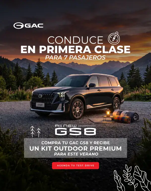 Vehículo GAC GS8 en paisaje montañoso al atardecer.