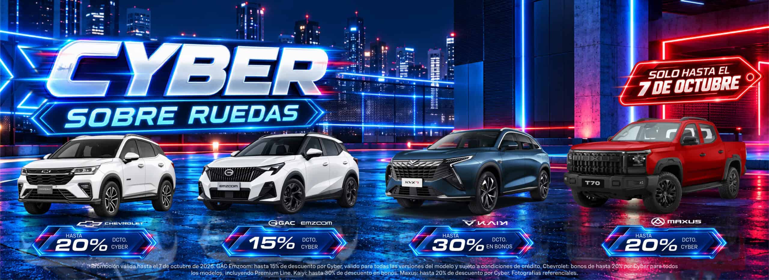 Promoción de Cyber sobre ruedas con descuentos en vehículos y neumáticos.