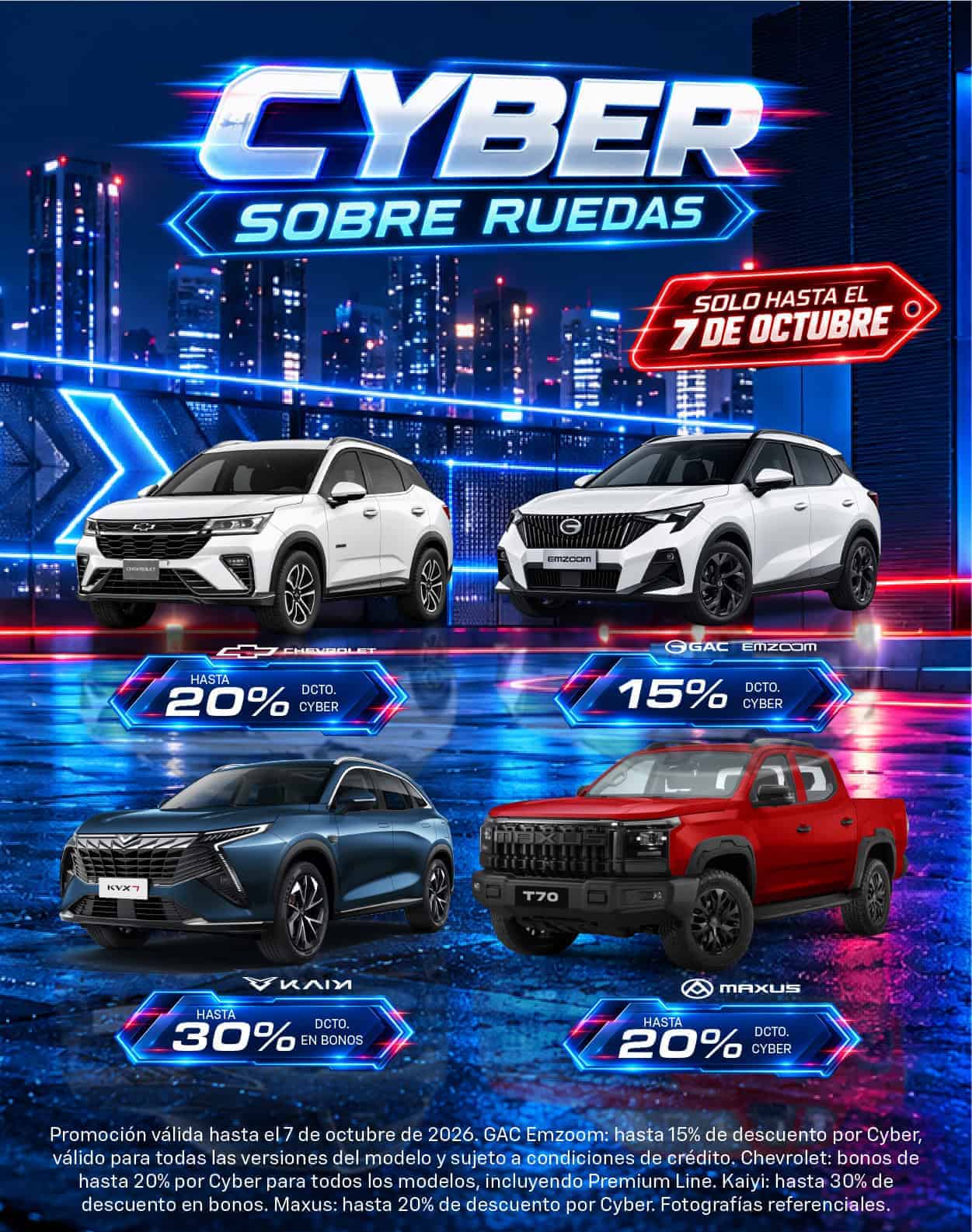 Promoción Cyber sobre ruedas con descuentos en varios vehículos.