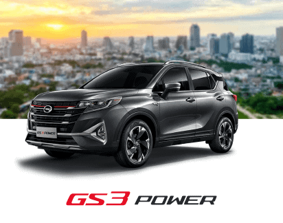 Auto SUV negro en ciudad con logo GS3 Power en fondo urbano.