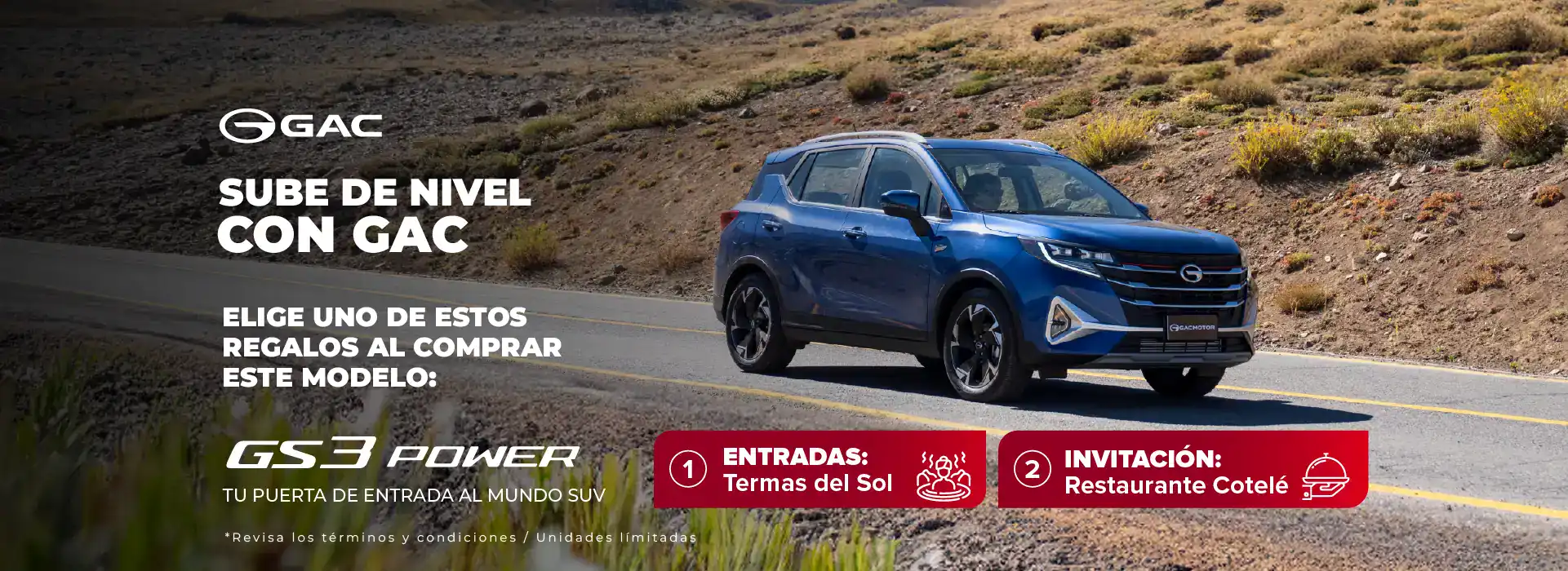 SUV GAC GS3 Power en camino en paisaje montañoso.
