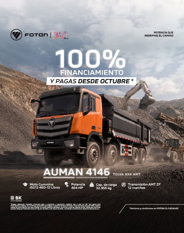 Camión Foton Auman 4146 en obra con maquinaria pesada.