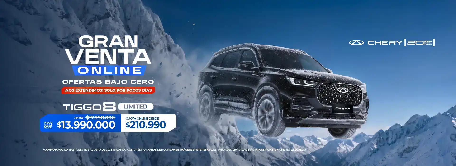 Chery Tiggo 8 Pro en nieve, promoción de venta online.
