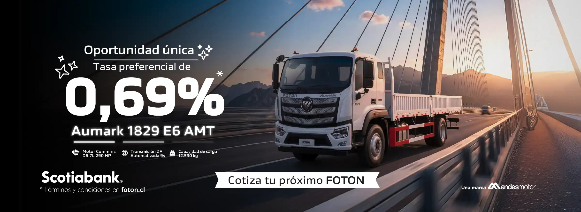 Camión Foton en puente con vista al atardecer.