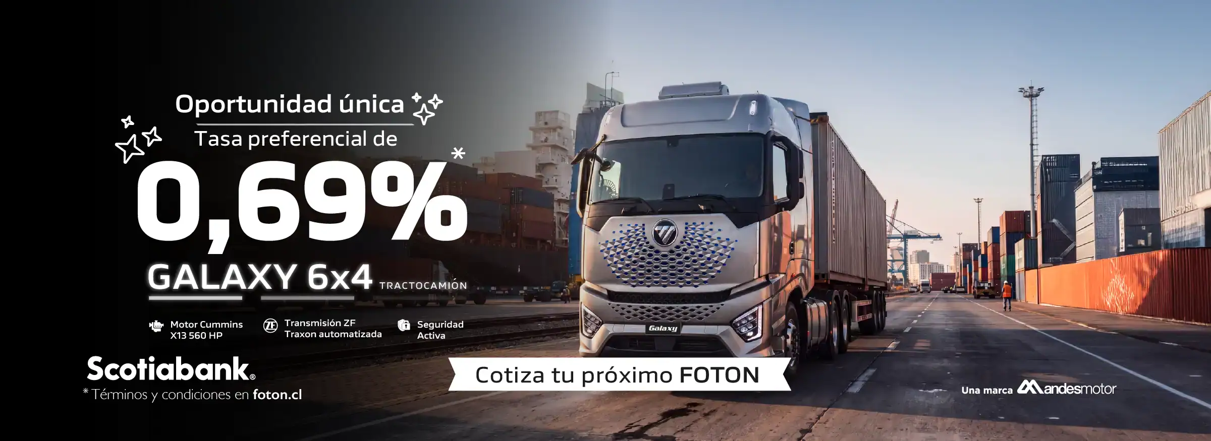 Camión Foton en puerto con contenedores de carga.