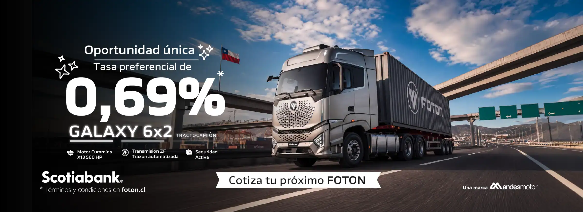 Camión Foton en carretera con oferta de financiamiento.