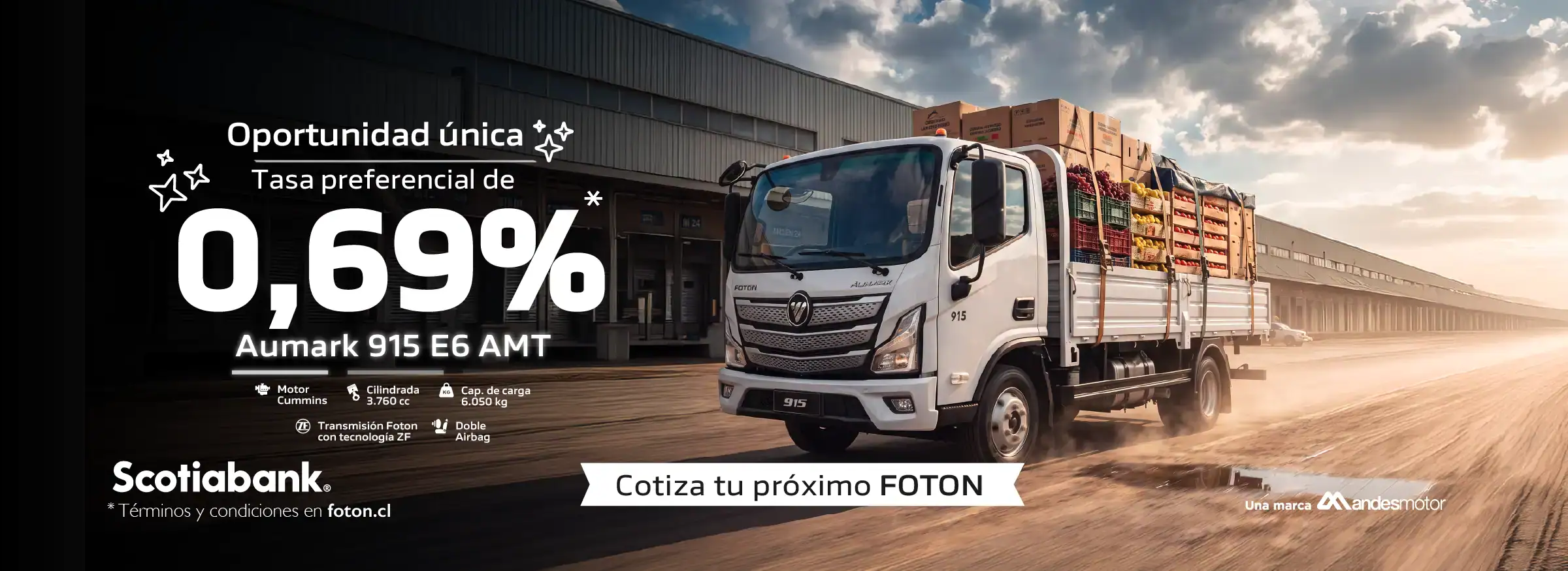 Camión Foton en ruta con carga en la tarde.