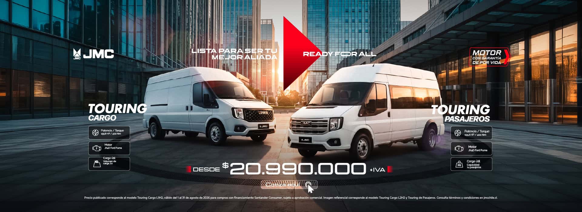 Furgonetas JMC Touring Cargo y Touring Pasajeros en ciudad moderna.