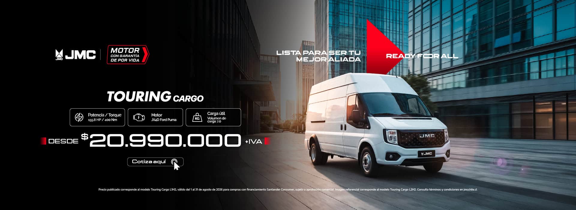 Furgón JMC Touring Cargo en ciudad moderna con edificios de vidrio.