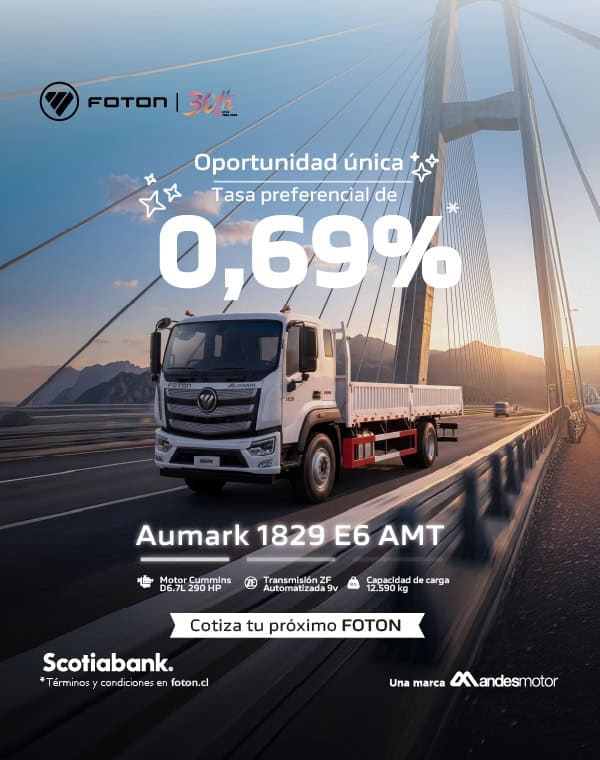 Camión Foton en un puente con oferta de financiamiento.