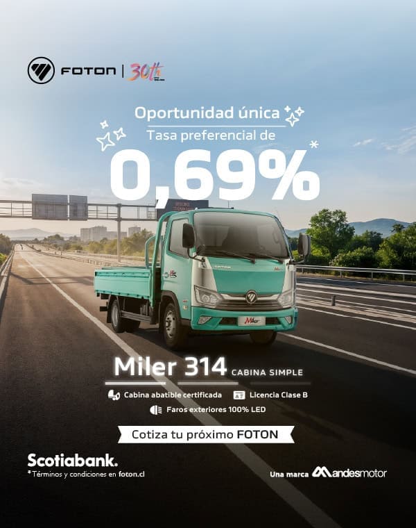Camión Foton Miler 314 en carretera con oferta de financiamiento.