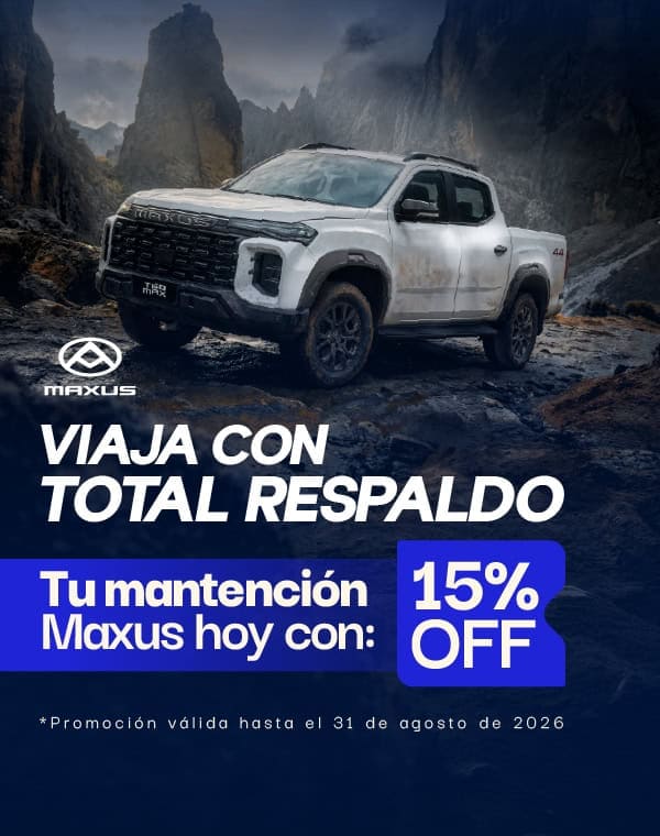 Camion Maxus en paisaje montañoso con promoción de descuento del 15%.