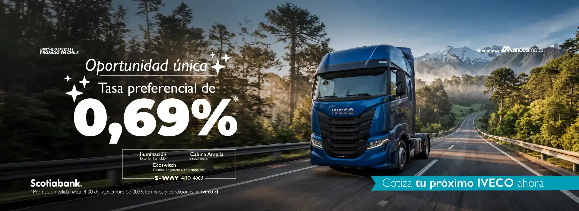 Camión Iveco en carretera con paisaje montañoso y árboles.