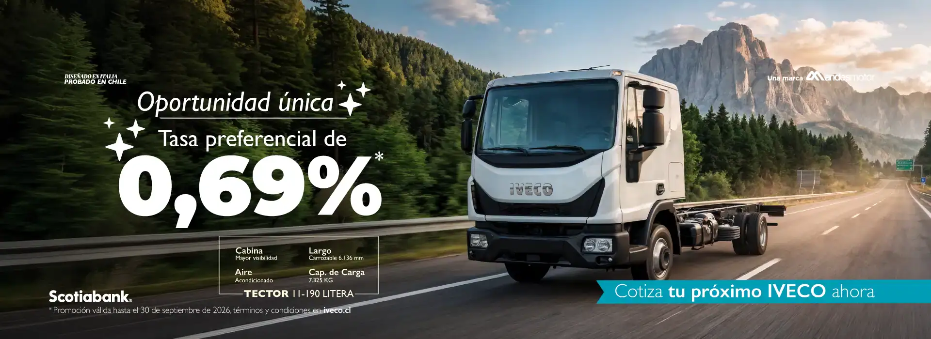 Camión Iveco en carretera con paisaje montañoso de fondo.