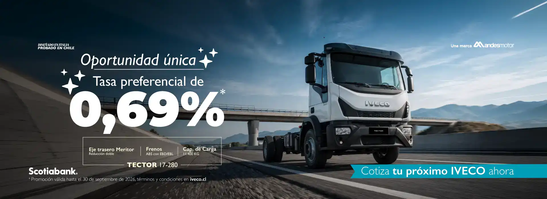 Camión Iveco en carretera con paisaje montañoso de fondo.