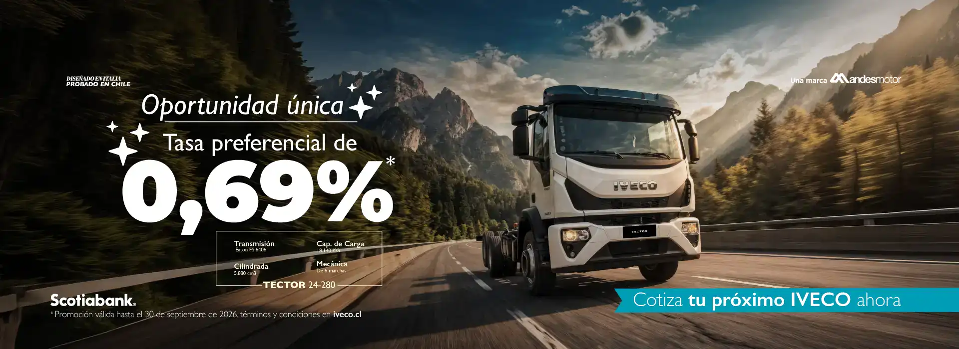 Camión Iveco en carretera con montañas de fondo.