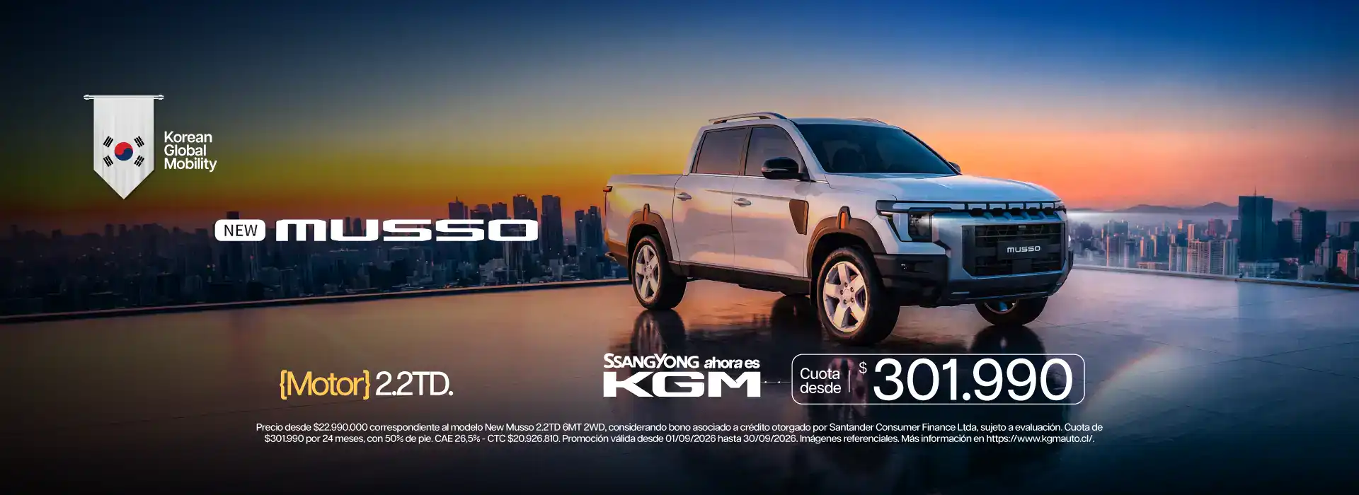 Nuevo SUV Musso de SsangYong en ciudad al atardecer.