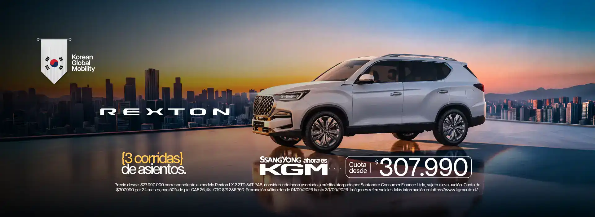 Nuevo Kia Sorento en la ciudad con vista al atardecer.