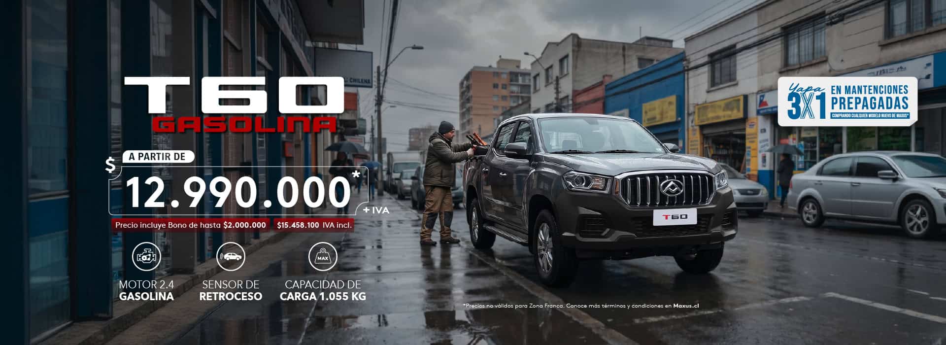 Camioneta Toyota T60 Gasolina en la calle con lluvia en Valdivia.