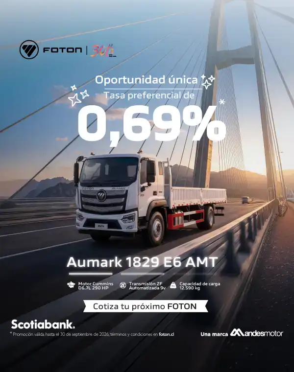 Camión Foton en puente con promoción de financiamiento.