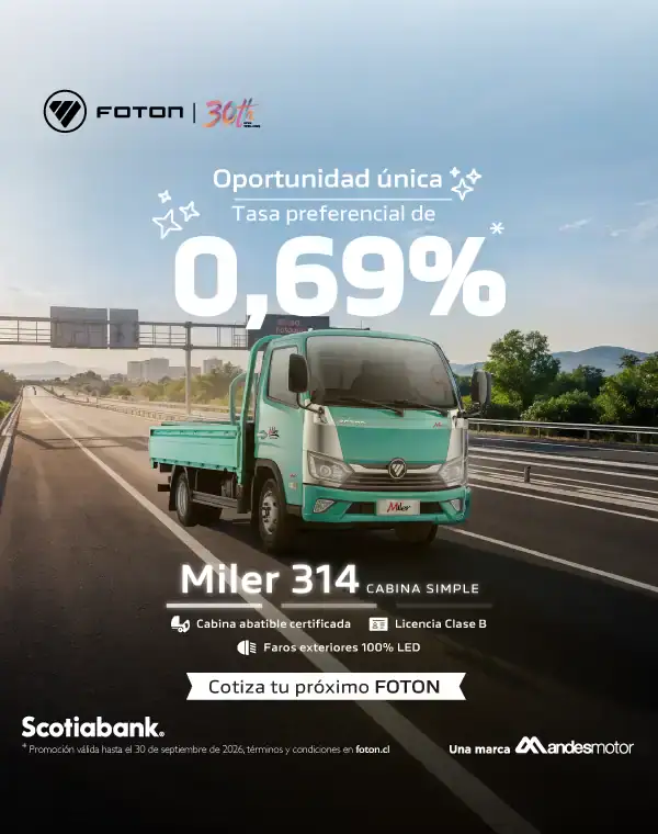 Camión Foton Miler 314 en carretera con promoción de financiamiento.