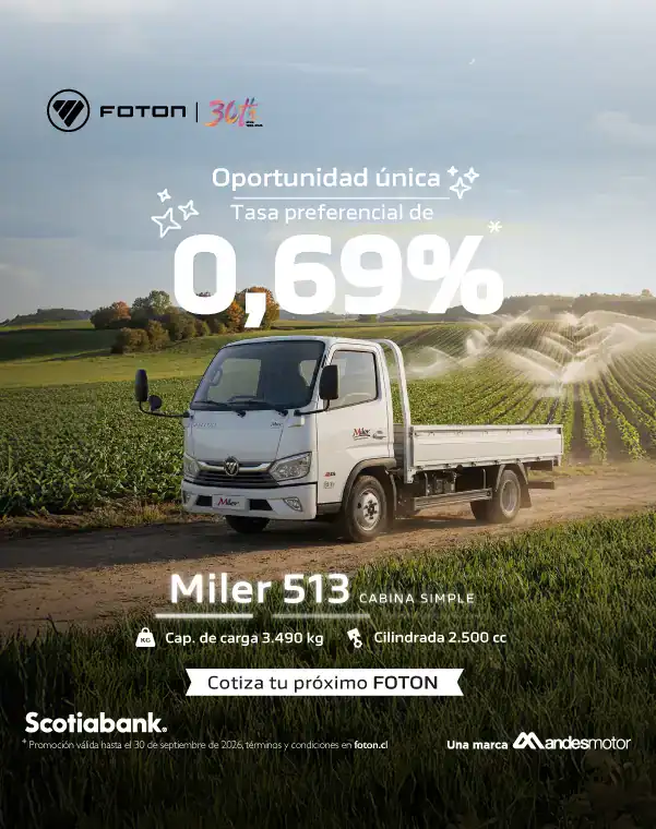 Camión Foton Miler 513 en campo agrícola con oferta de financiamiento.