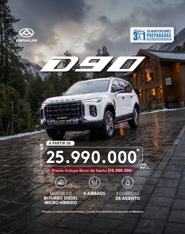Maxus D90 SUV en exhibición en un entorno natural con casa de madera al fondo.