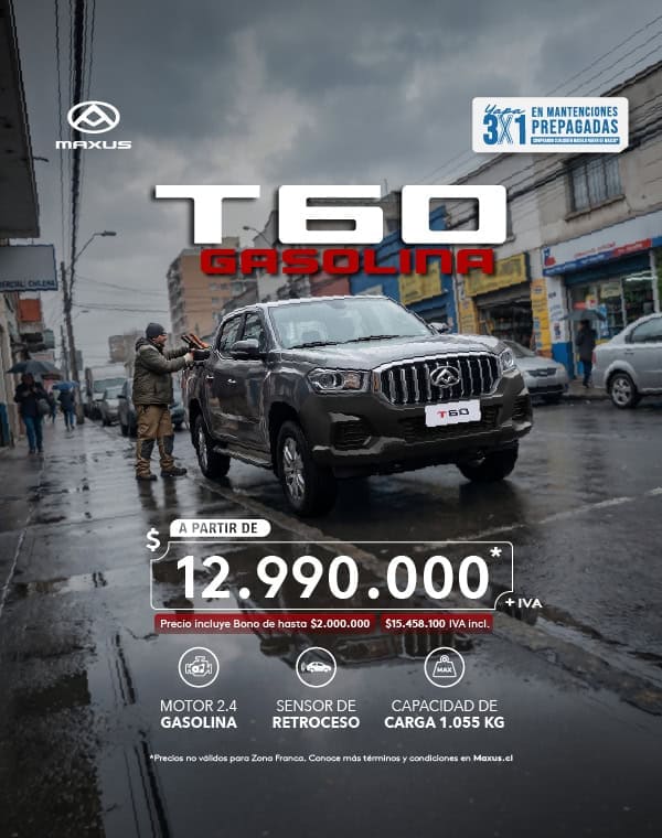 Camioneta Maxus T60 gasolina en calle lluviosa en Valdivia.