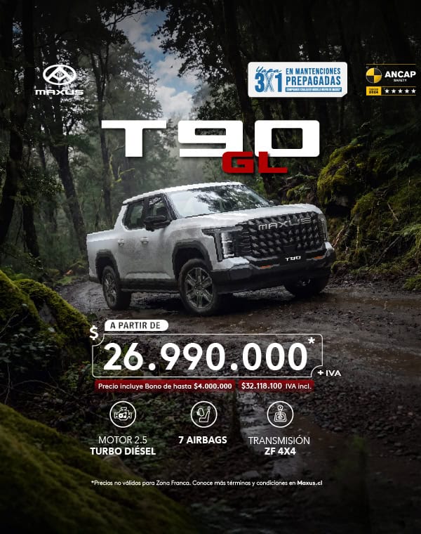 Camioneta Maxus T90 GL en bosque con camino de tierra.