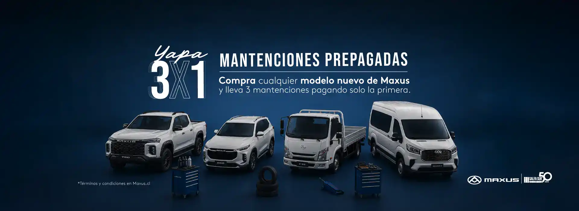 Banner Maxus Yapa 3x1 mantenciones prepagadas con camioneta, SUV, camión y furgón Maxus