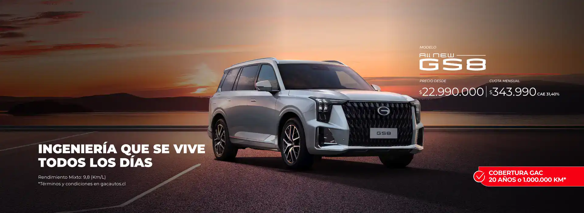 Nuevo GAC GS8 SUV en carretera al atardecer.
