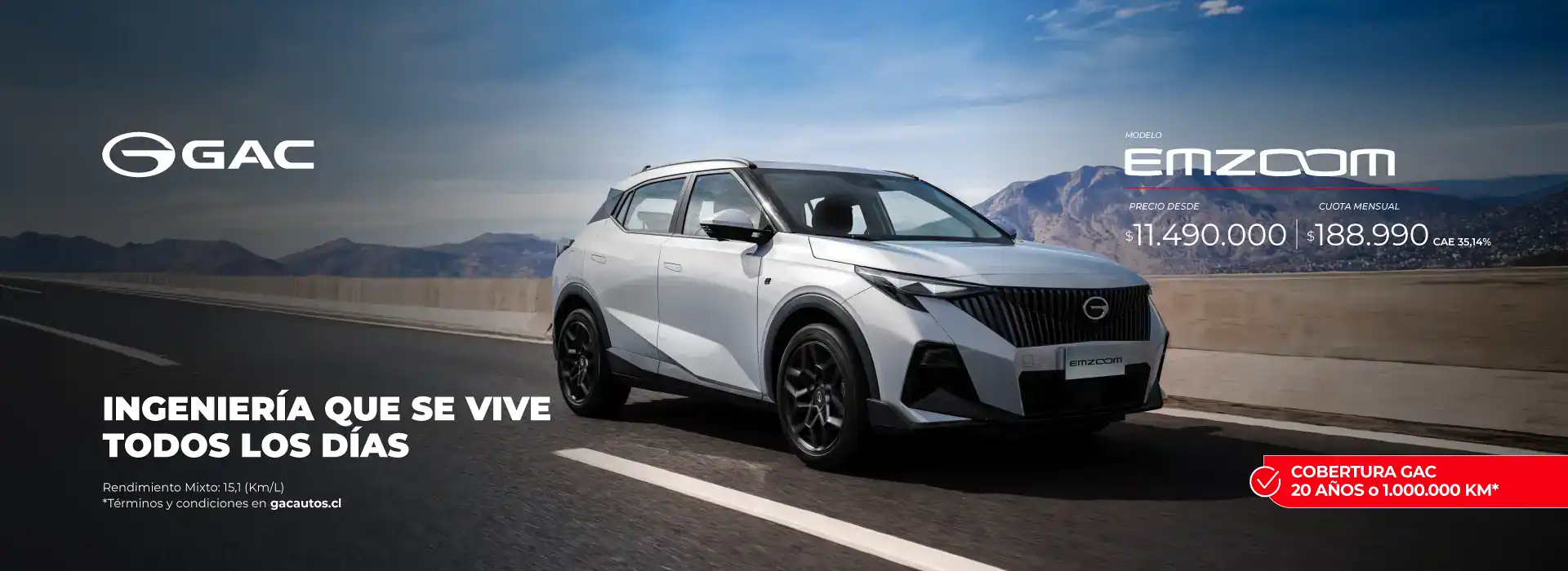 Nuevo GAC Emzoom en carretera con paisaje montañoso de fondo.