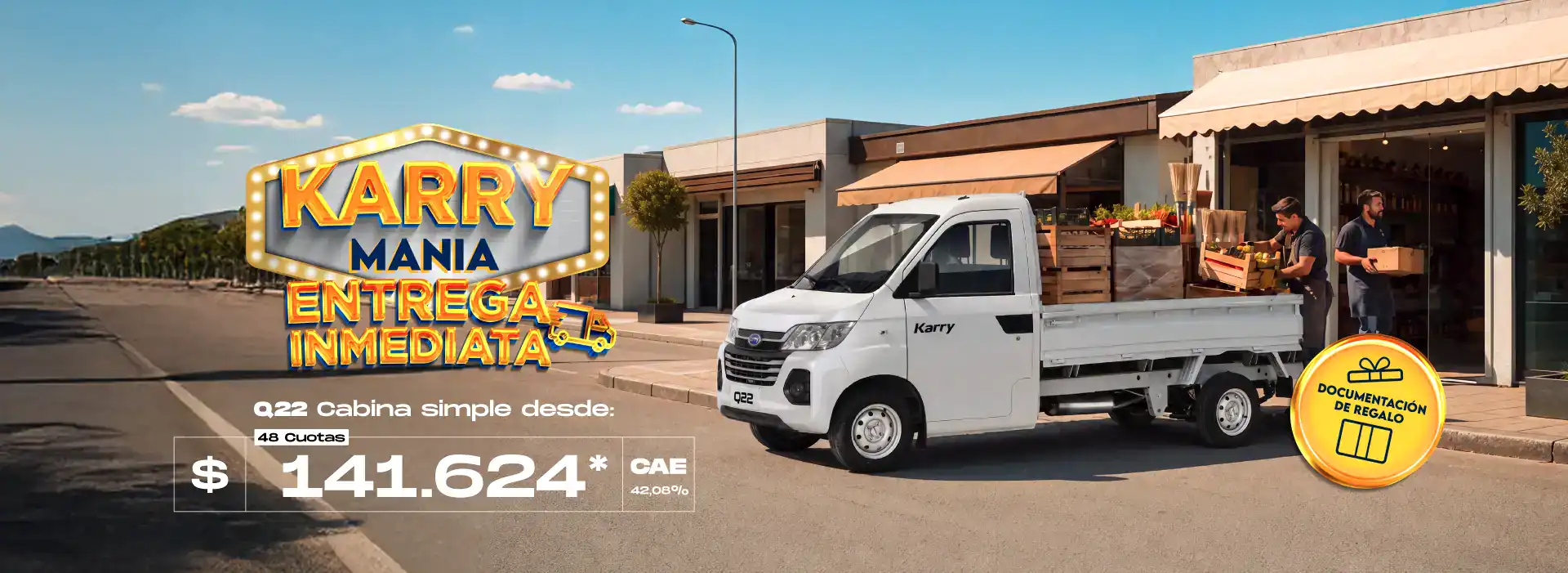 Banner Karry Mania entrega inmediata: camioneta Karry Q22 cabina simple blanca, cuota desde $141.624 en 48 cuotas, documentación de regalo