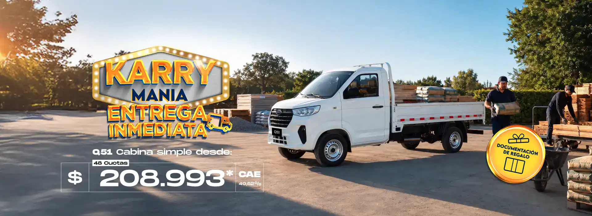 Banner Karry Mania entrega inmediata: camión Karry Q51 cabina simple blanco, cuota desde $208.993 en 48 cuotas, documentación de regalo