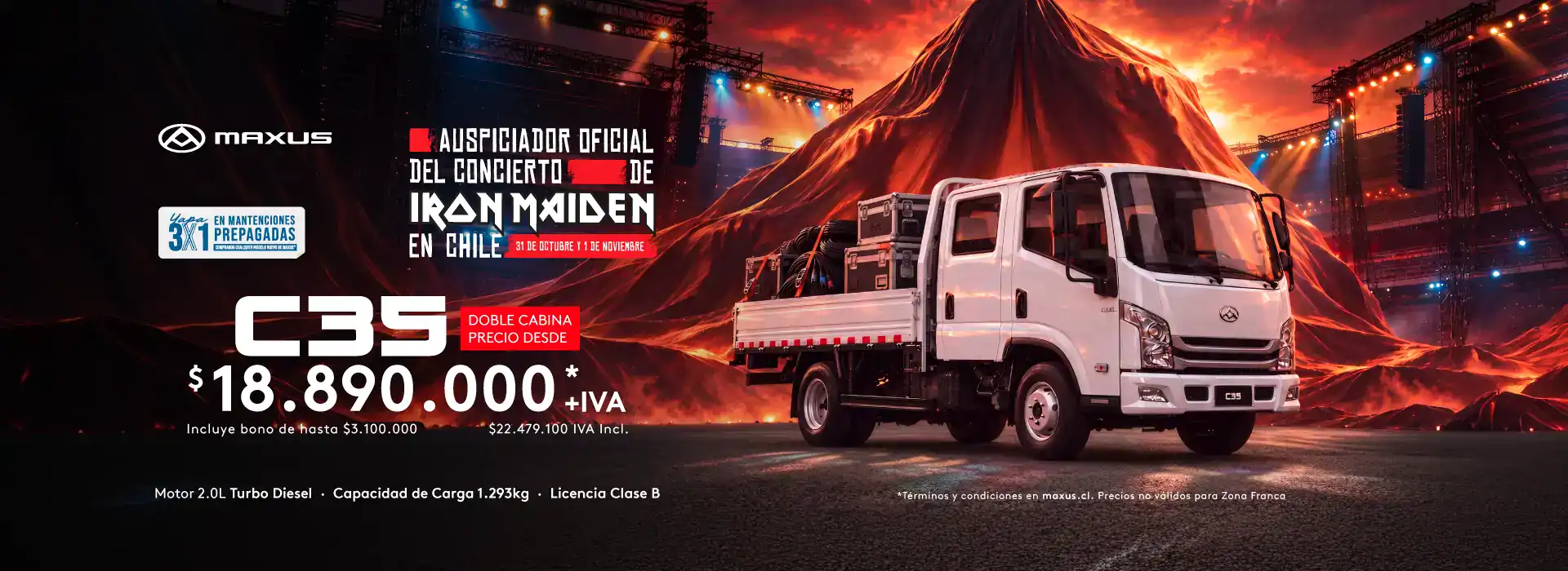 Camión Maxus en escenario con fondo de montaña y luces de concierto.