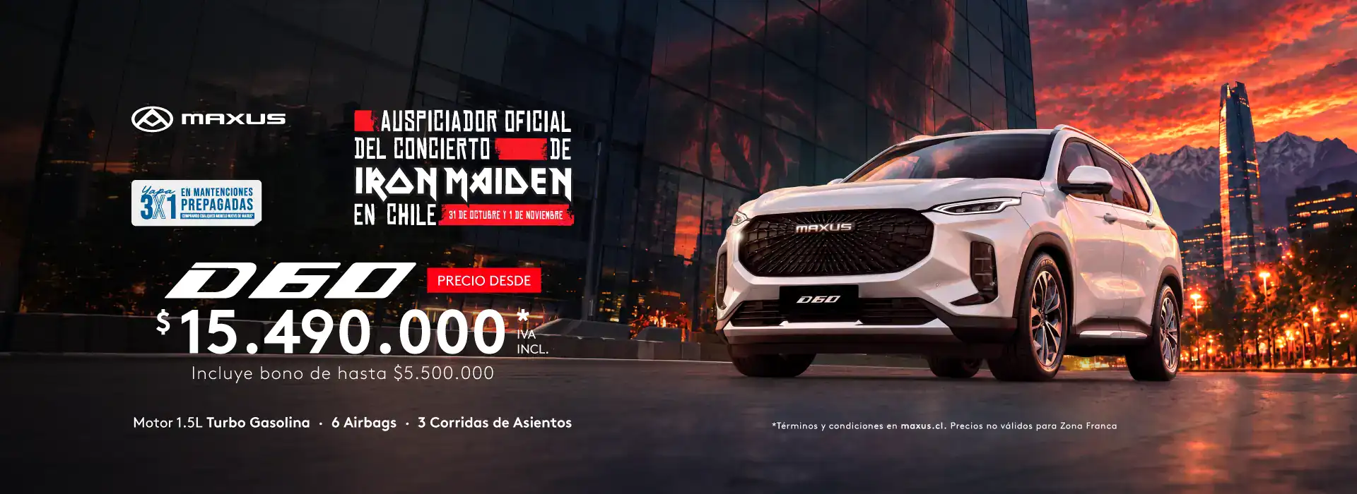 Maxus D60 SUV en ciudad moderna al atardecer.
