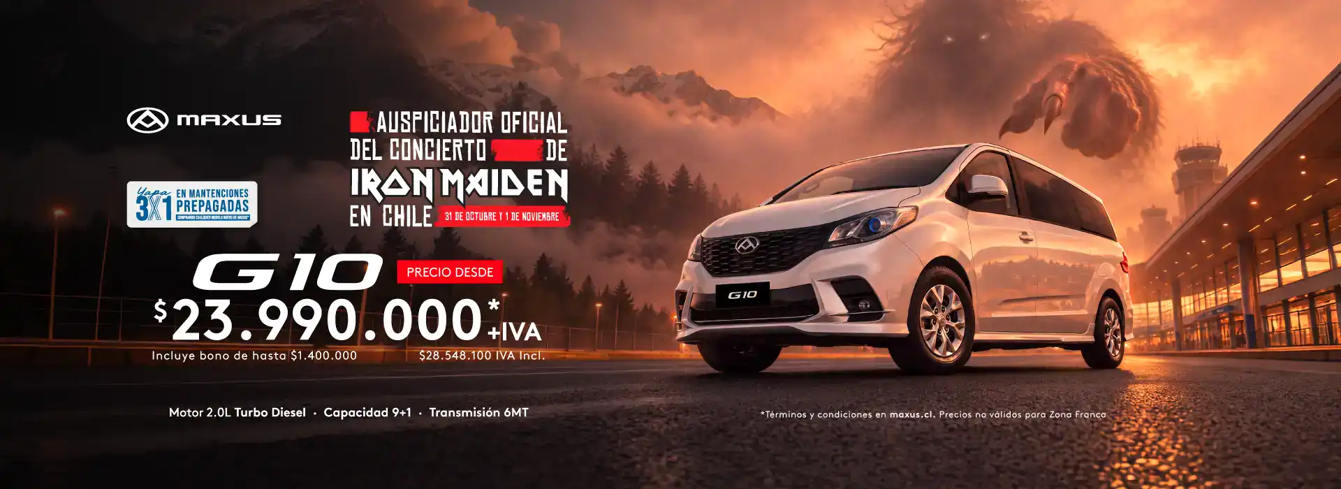 Maxus G10 en carretera al atardecer, vehículo nuevo en promoción.