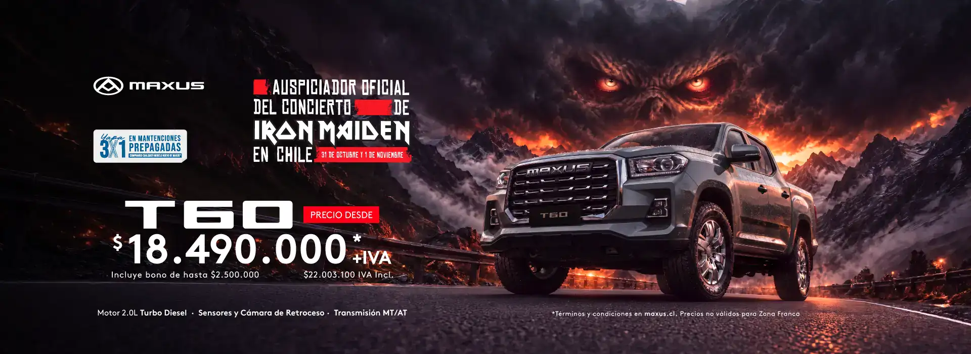 Camioneta Maxus T60 2024 en un paisaje montañoso con cielo oscuro.