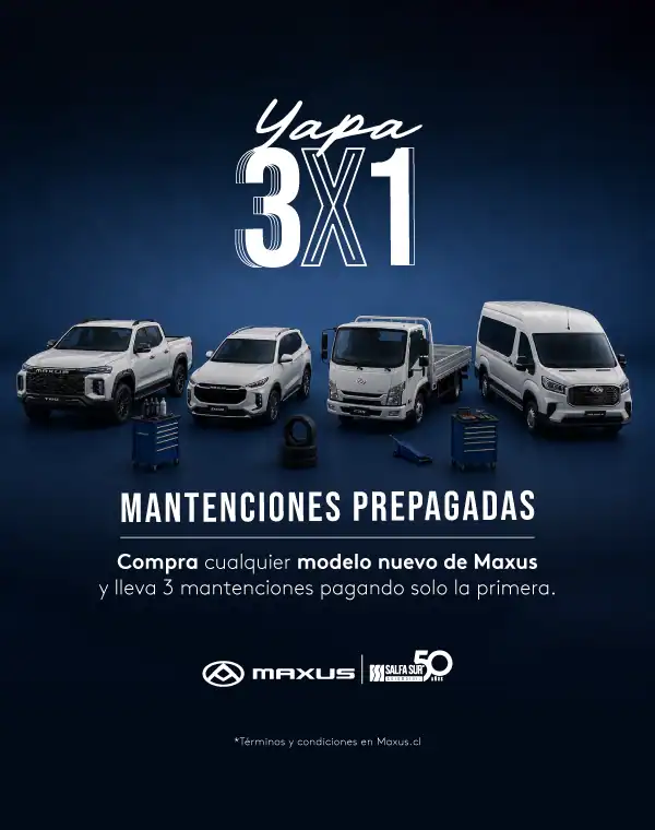 Banner Maxus Yapa 3x1 mantenciones prepagadas con camioneta, SUV, camión y furgón Maxus