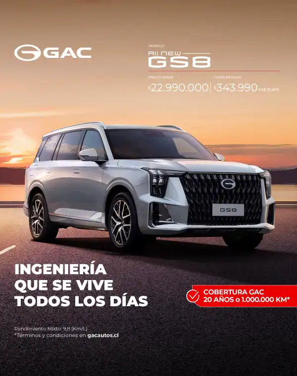 Nuevo GAC GS8 SUV en exhibición con fondo de atardecer en Chile.