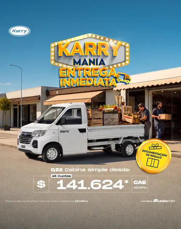 Banner Karry Mania entrega inmediata: camioneta Karry Q22 cabina simple blanca, cuota desde $141.624 en 48 cuotas, documentación de regalo