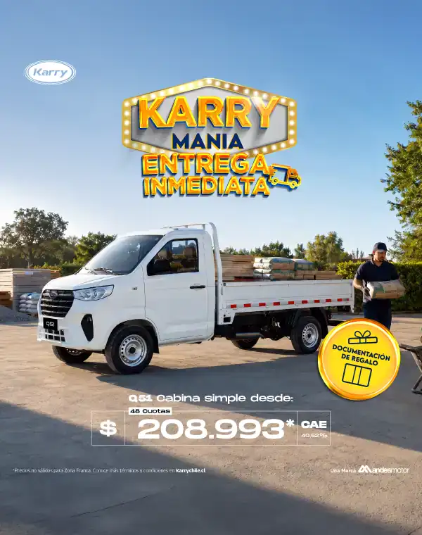 Banner Karry Mania entrega inmediata: camión Karry Q51 cabina simple blanco, cuota desde $208.993 en 48 cuotas, documentación de regalo