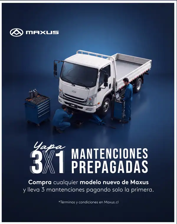Banner Maxus Yapa 3x1: compra cualquier modelo nuevo de Maxus y lleva 3 mantenciones prepagadas pagando solo la primera; camión liviano Maxus atendido por técnicos en taller