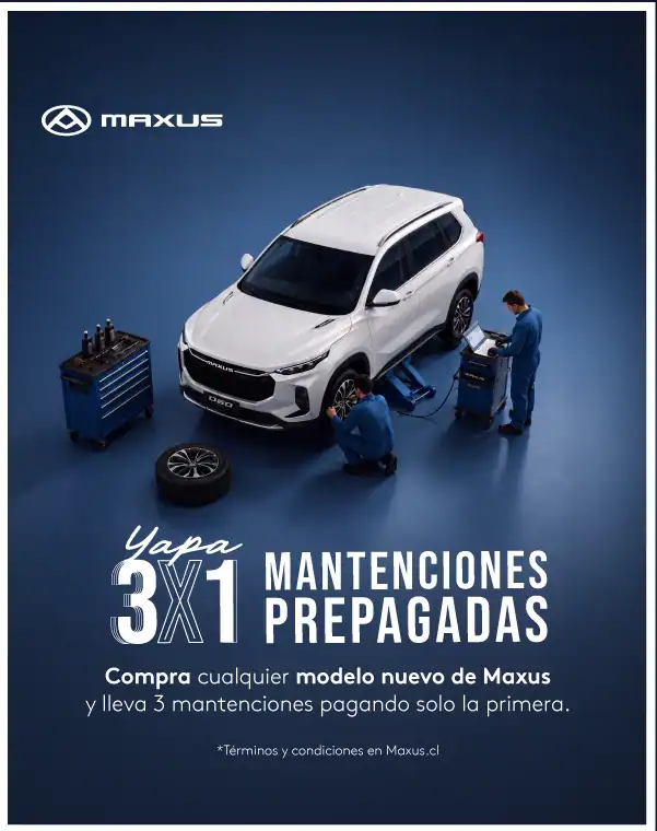 Banner Maxus Yapa 3x1: compra cualquier modelo nuevo de Maxus y lleva 3 mantenciones prepagadas pagando solo la primera; SUV Maxus blanco atendido por técnicos en taller