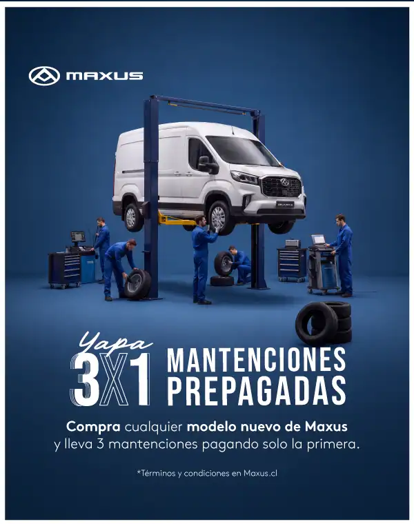 Banner Maxus Yapa 3x1: compra cualquier modelo nuevo de Maxus y lleva 3 mantenciones prepagadas pagando solo la primera; furgón Maxus en elevador atendido por técnicos en taller
